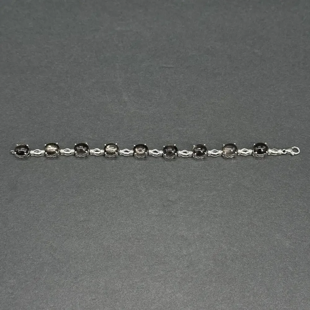 STS 925 Sterling Silver Oval Black Star Sapphire Cabochon Link Bracelet 7.5